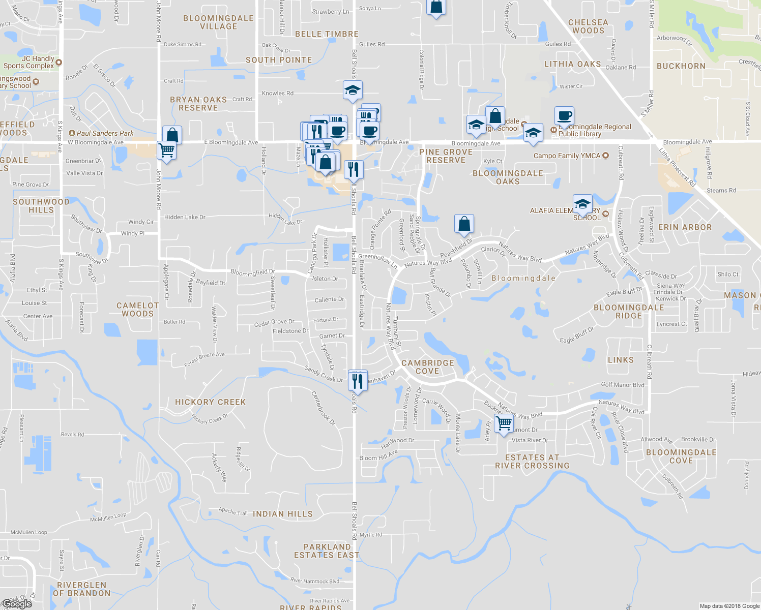 map of restaurants, bars, coffee shops, grocery stores, and more near 4006 Greenmark Lane in Valrico
