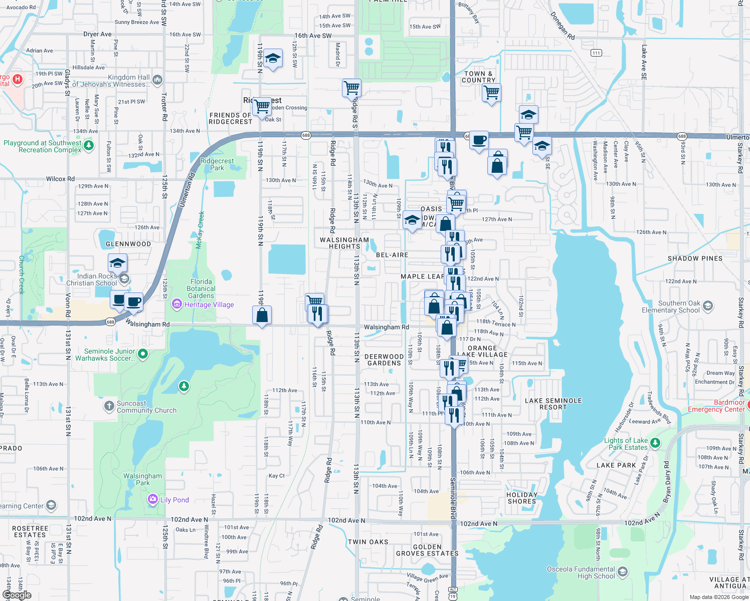 map of restaurants, bars, coffee shops, grocery stores, and more near 11196 120th Terrace North in Largo