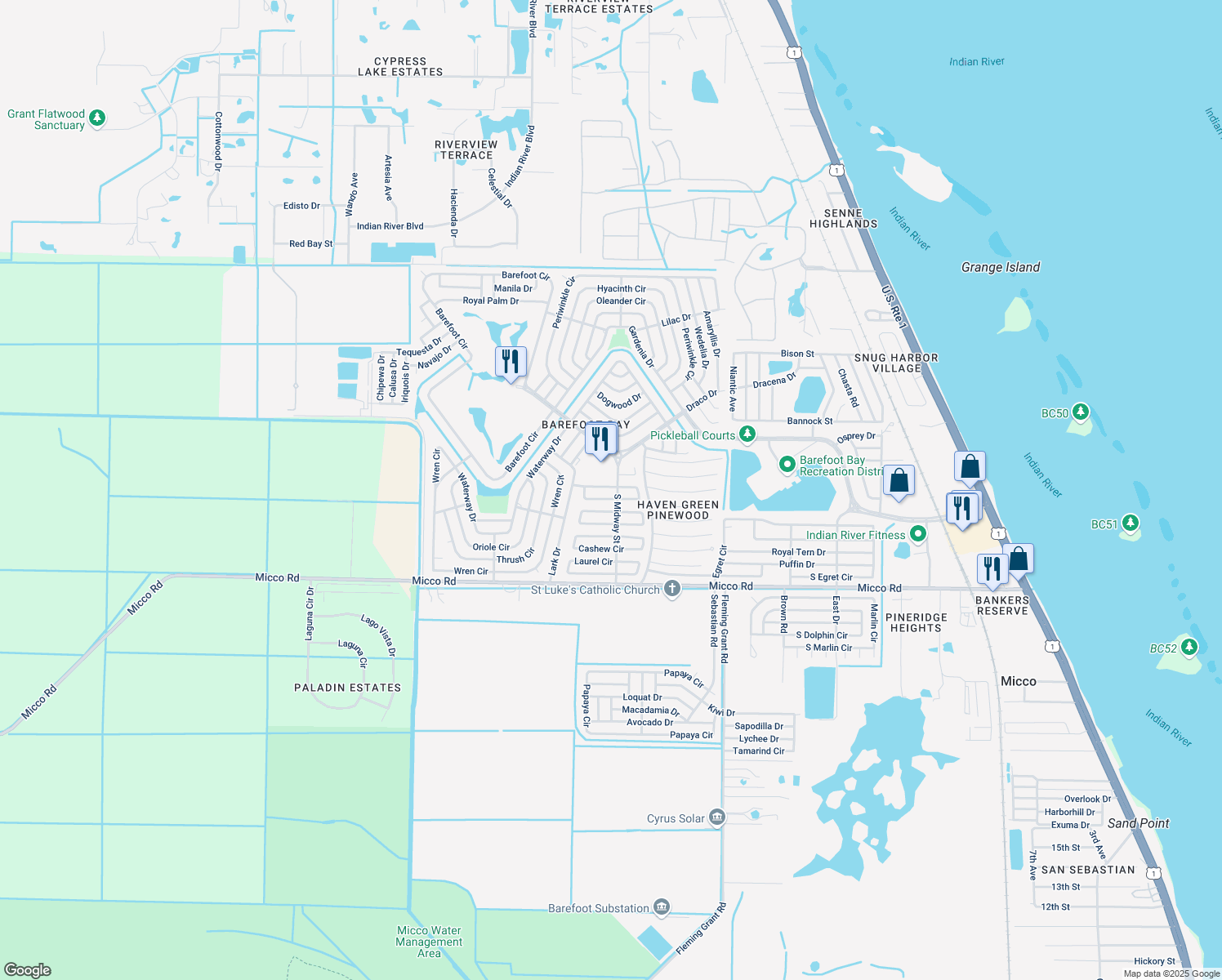 map of restaurants, bars, coffee shops, grocery stores, and more near 844 Hawthorn Circle in Sebastian