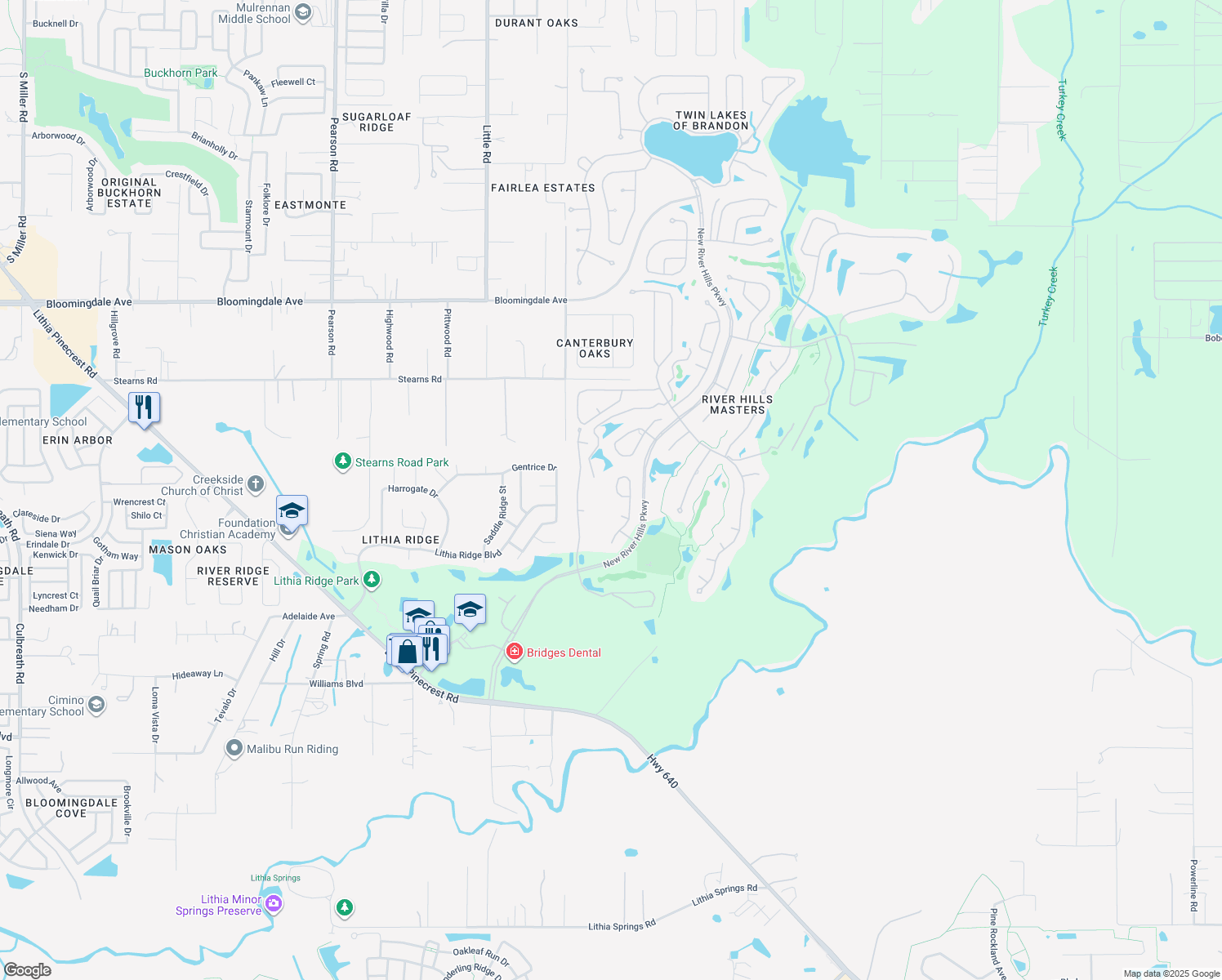 map of restaurants, bars, coffee shops, grocery stores, and more near 3910 Cedar Cay Circle in Valrico