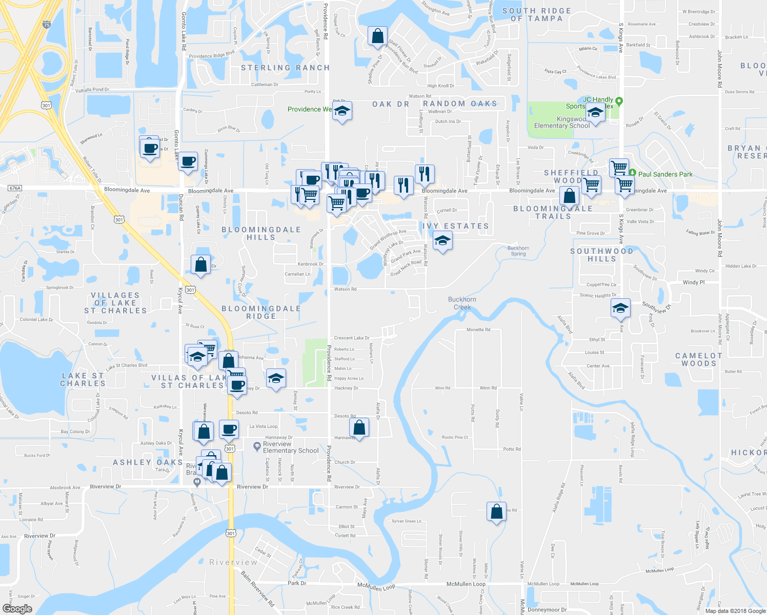 map of restaurants, bars, coffee shops, grocery stores, and more near 6532 Watson Road in Riverview