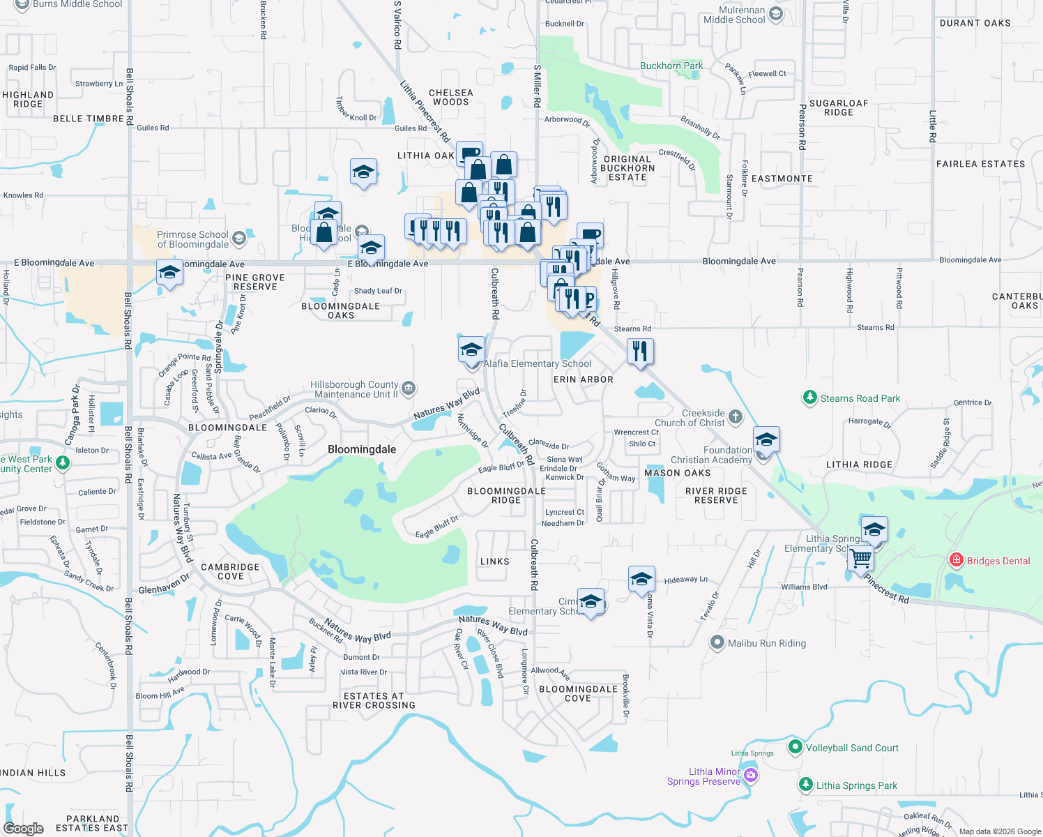 map of restaurants, bars, coffee shops, grocery stores, and more near 3834 Cold Creek Drive in Valrico