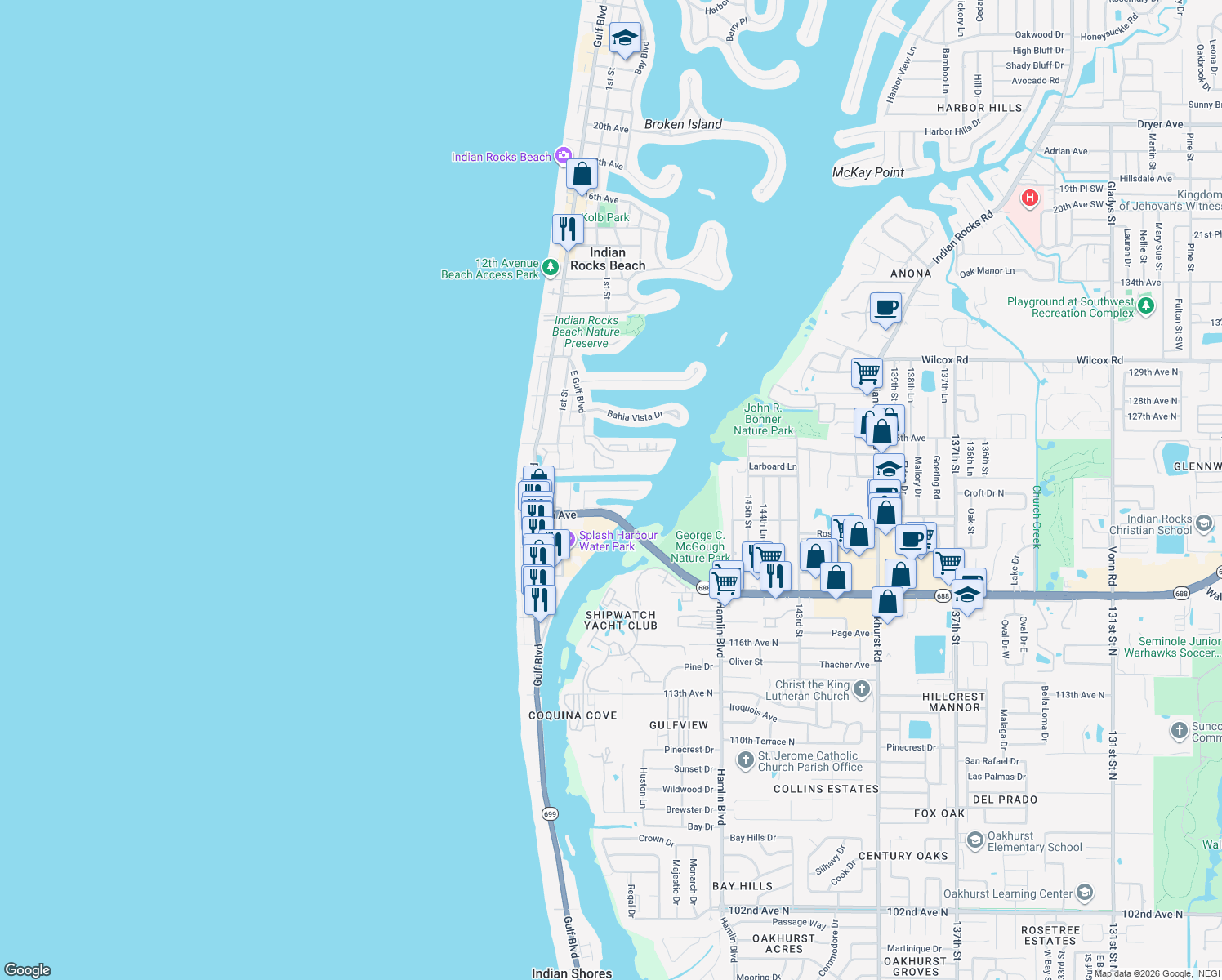 map of restaurants, bars, coffee shops, grocery stores, and more near 314 6th Avenue in Indian Rocks Beach