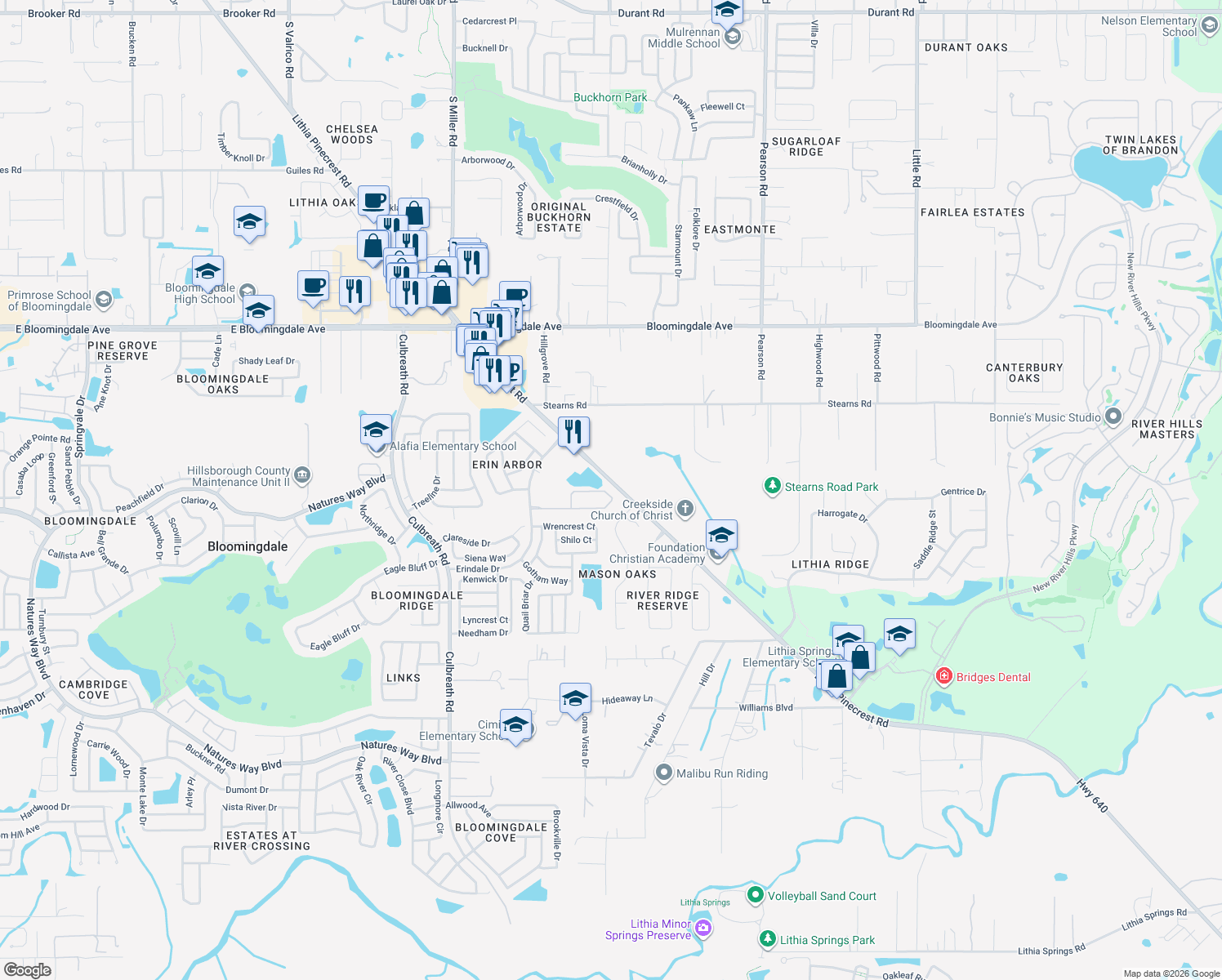 map of restaurants, bars, coffee shops, grocery stores, and more near 2541 Centennial Falcon Drive in Valrico
