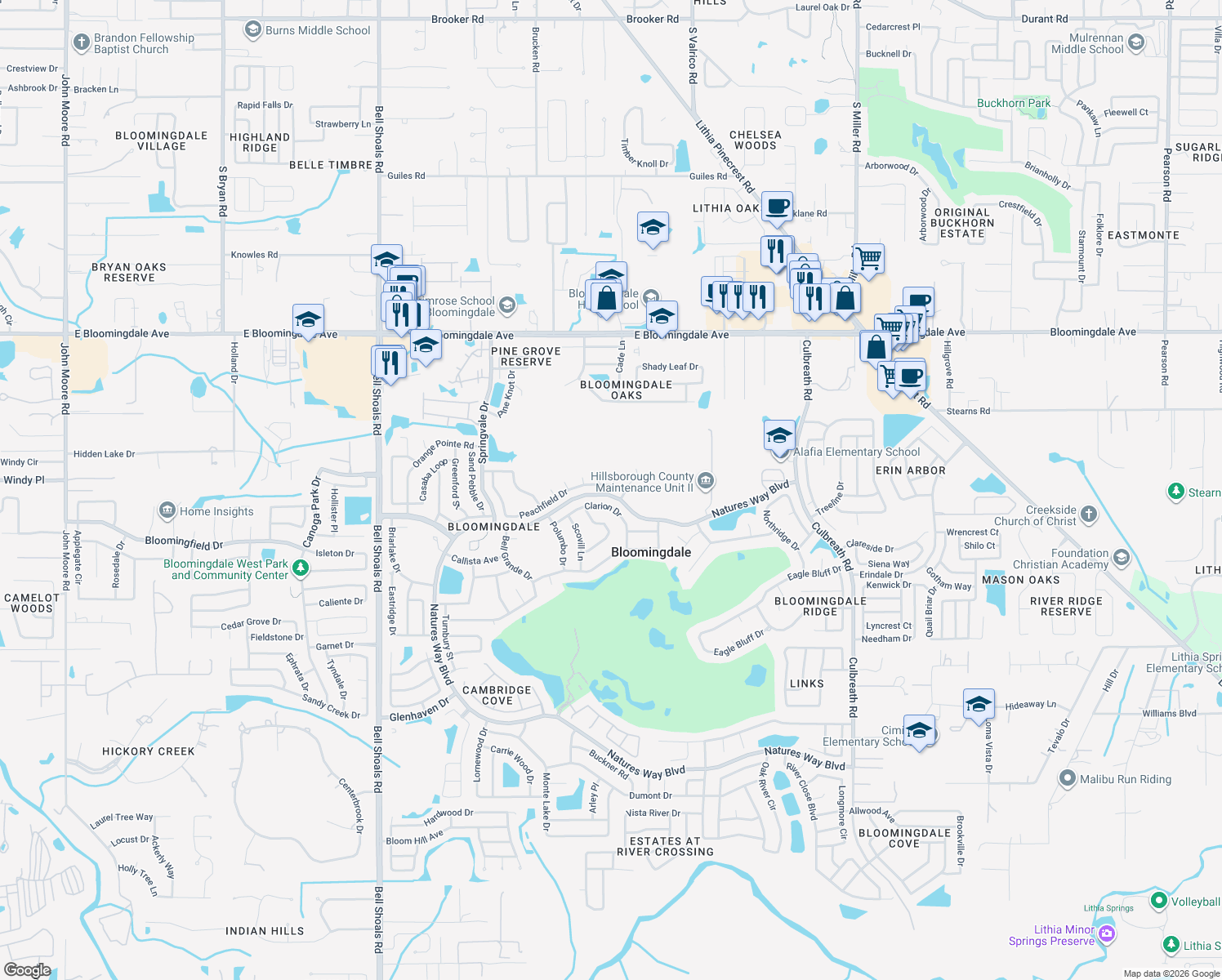 map of restaurants, bars, coffee shops, grocery stores, and more near 1433 Peachfield Drive in Valrico