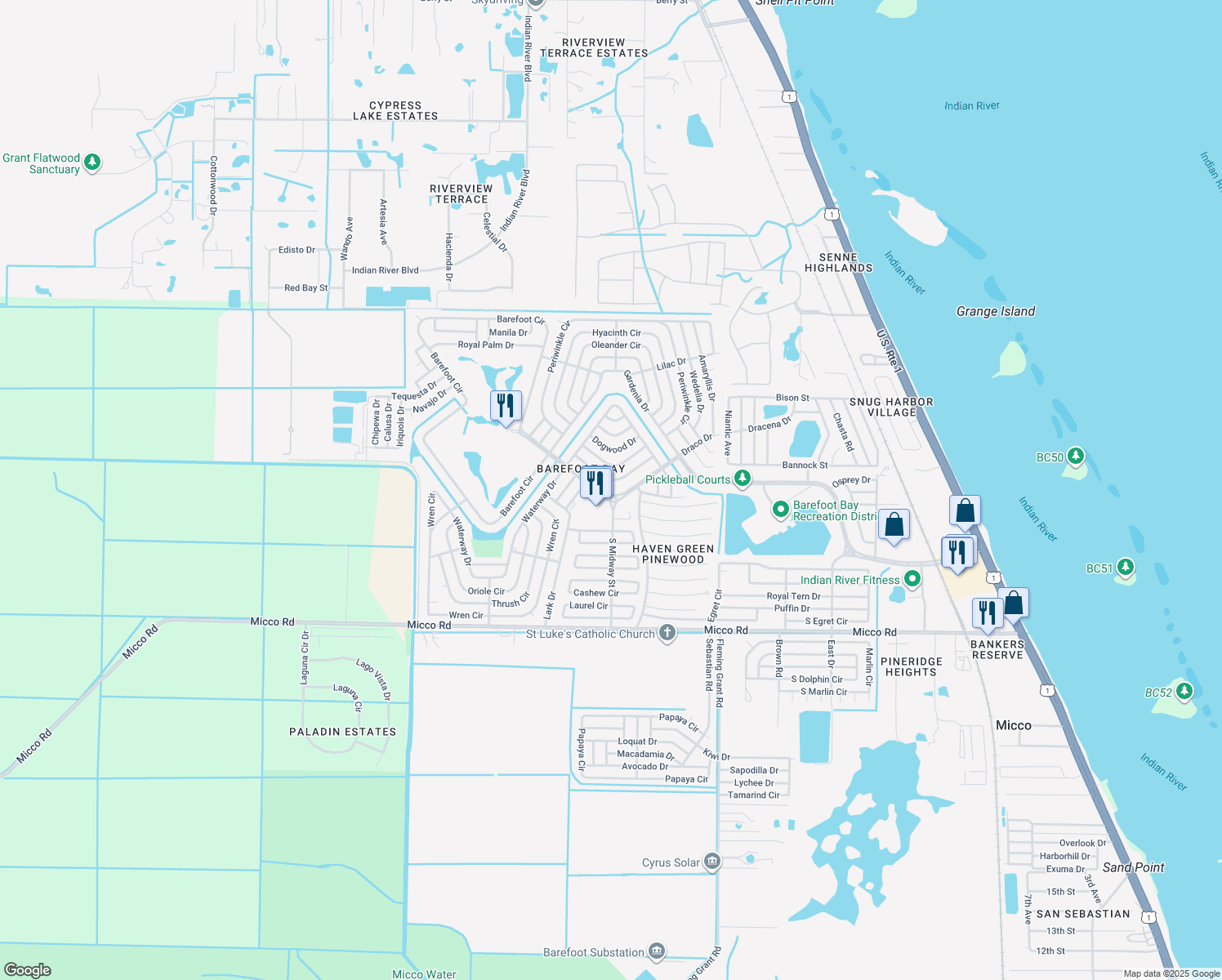 map of restaurants, bars, coffee shops, grocery stores, and more near 934 Barefoot Boulevard in Sebastian