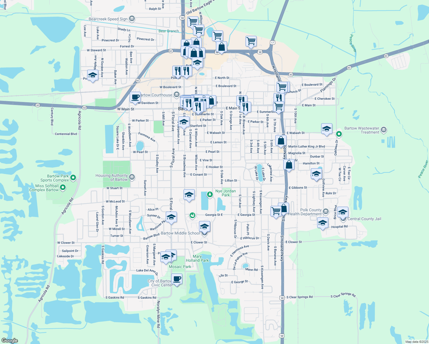 map of restaurants, bars, coffee shops, grocery stores, and more near 930 S Jackson Ave in Bartow