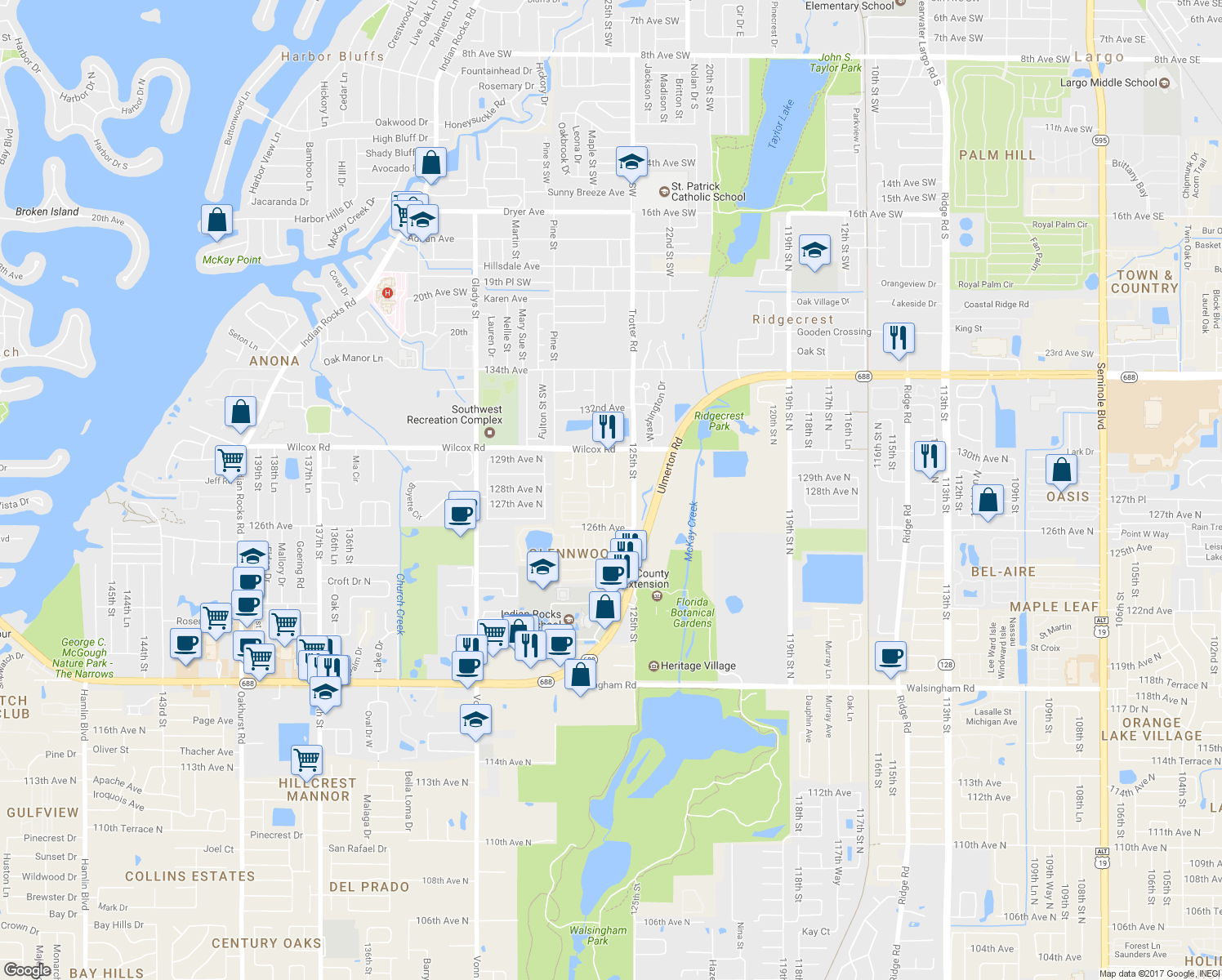 map of restaurants, bars, coffee shops, grocery stores, and more near 12588 128th Avenue in Largo