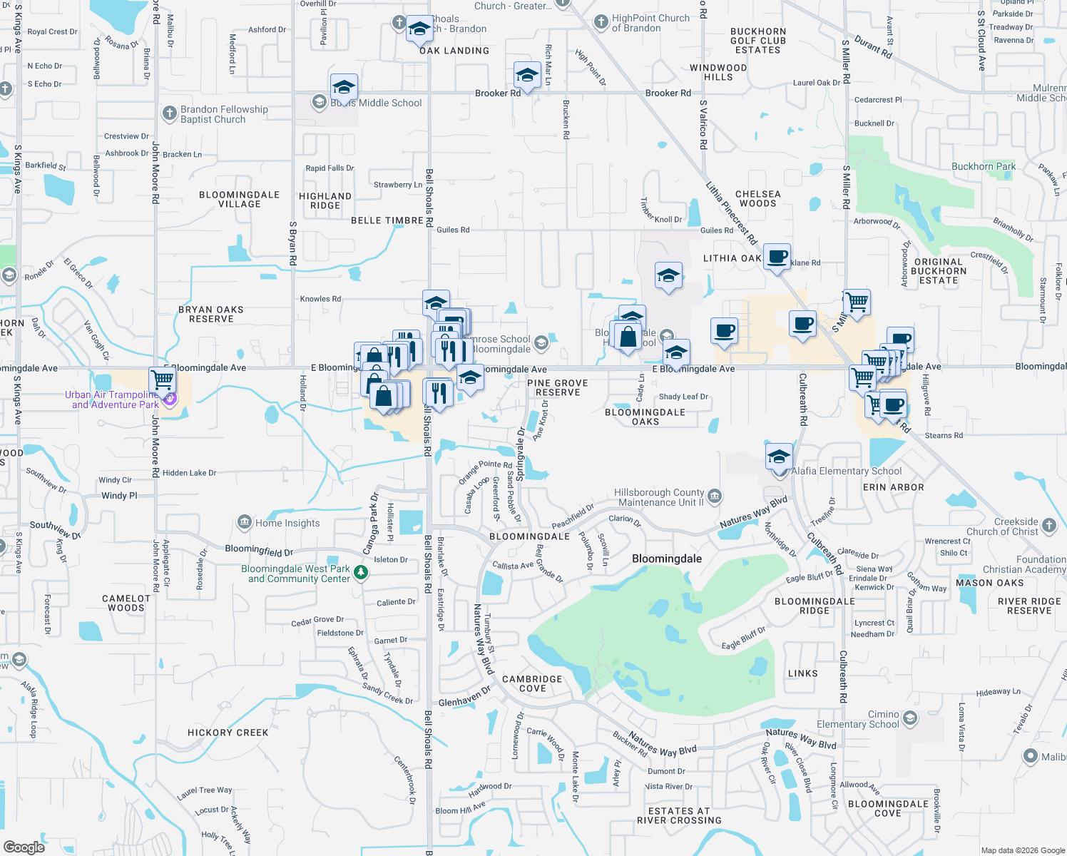 map of restaurants, bars, coffee shops, grocery stores, and more near 1356 Big Pine Drive in Valrico