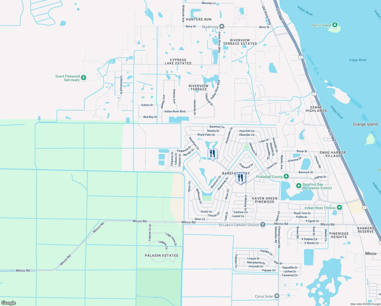 map of restaurants, bars, coffee shops, grocery stores, and more near 1116 Navajo Drive in Sebastian
