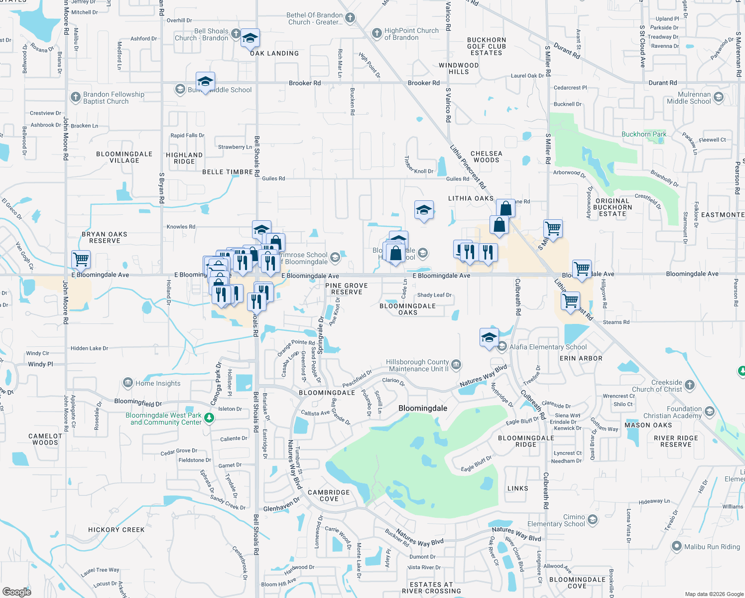 map of restaurants, bars, coffee shops, grocery stores, and more near 3415 Bloomingdale Oaks Drive in Valrico