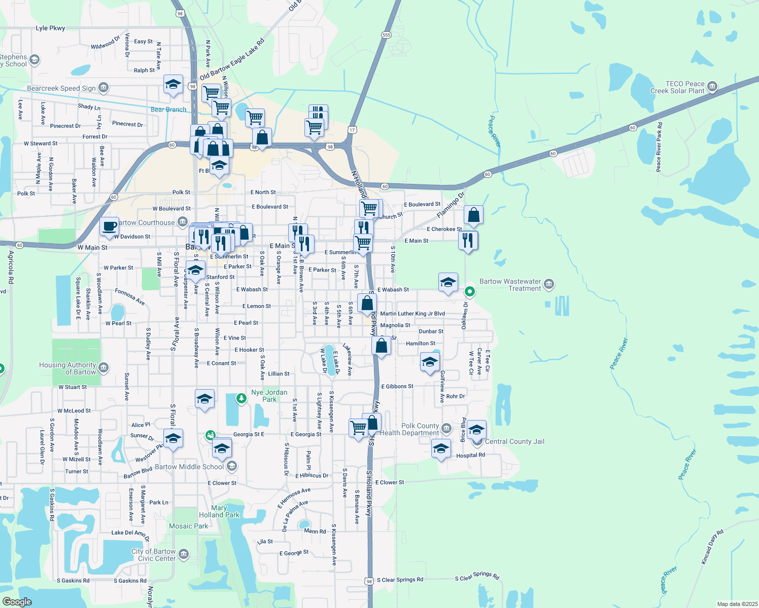 map of restaurants, bars, coffee shops, grocery stores, and more near 1561 Laurel Street in Bartow