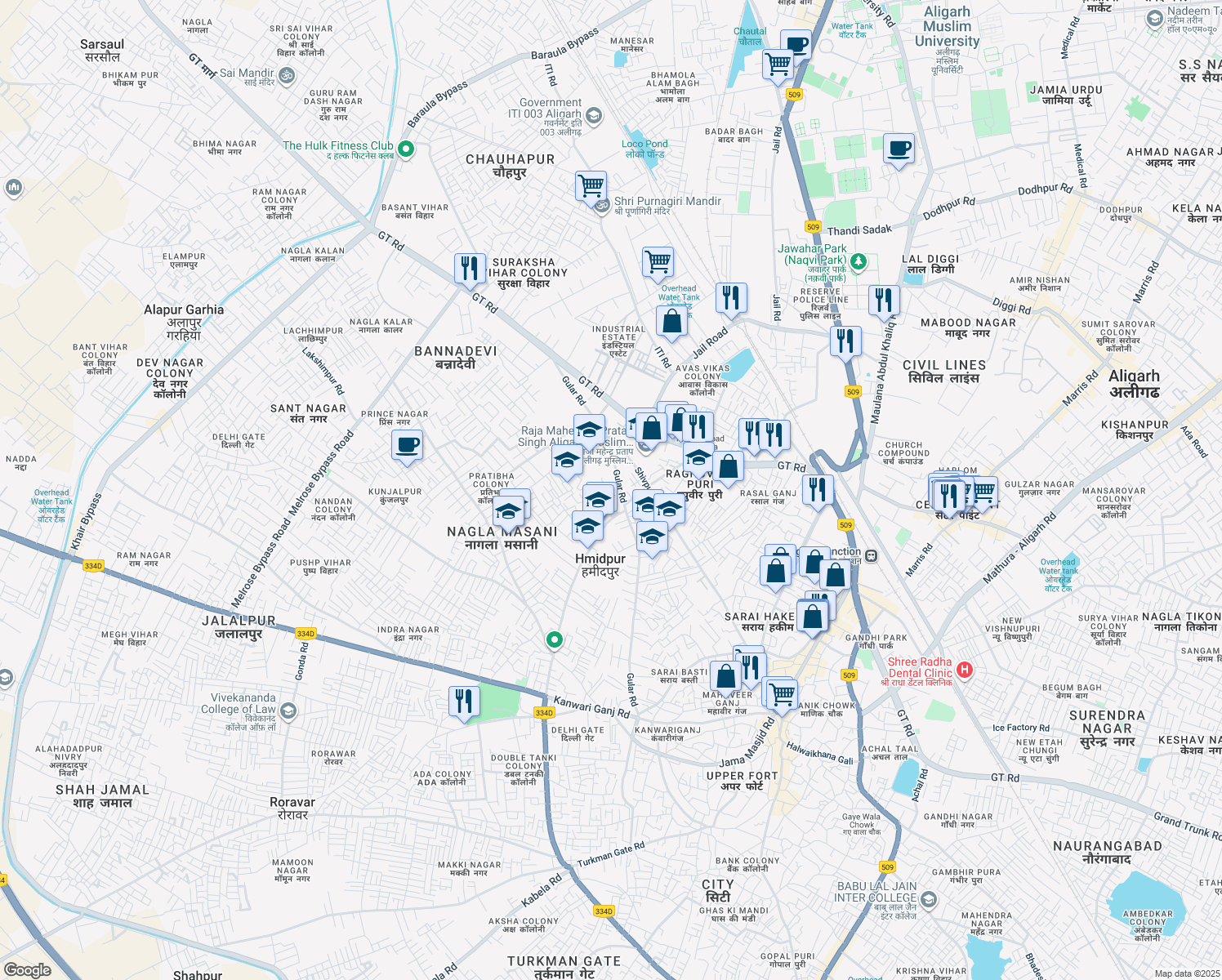 map of restaurants, bars, coffee shops, grocery stores, and more near Shakti Nagar Gular Road in Aligarh
