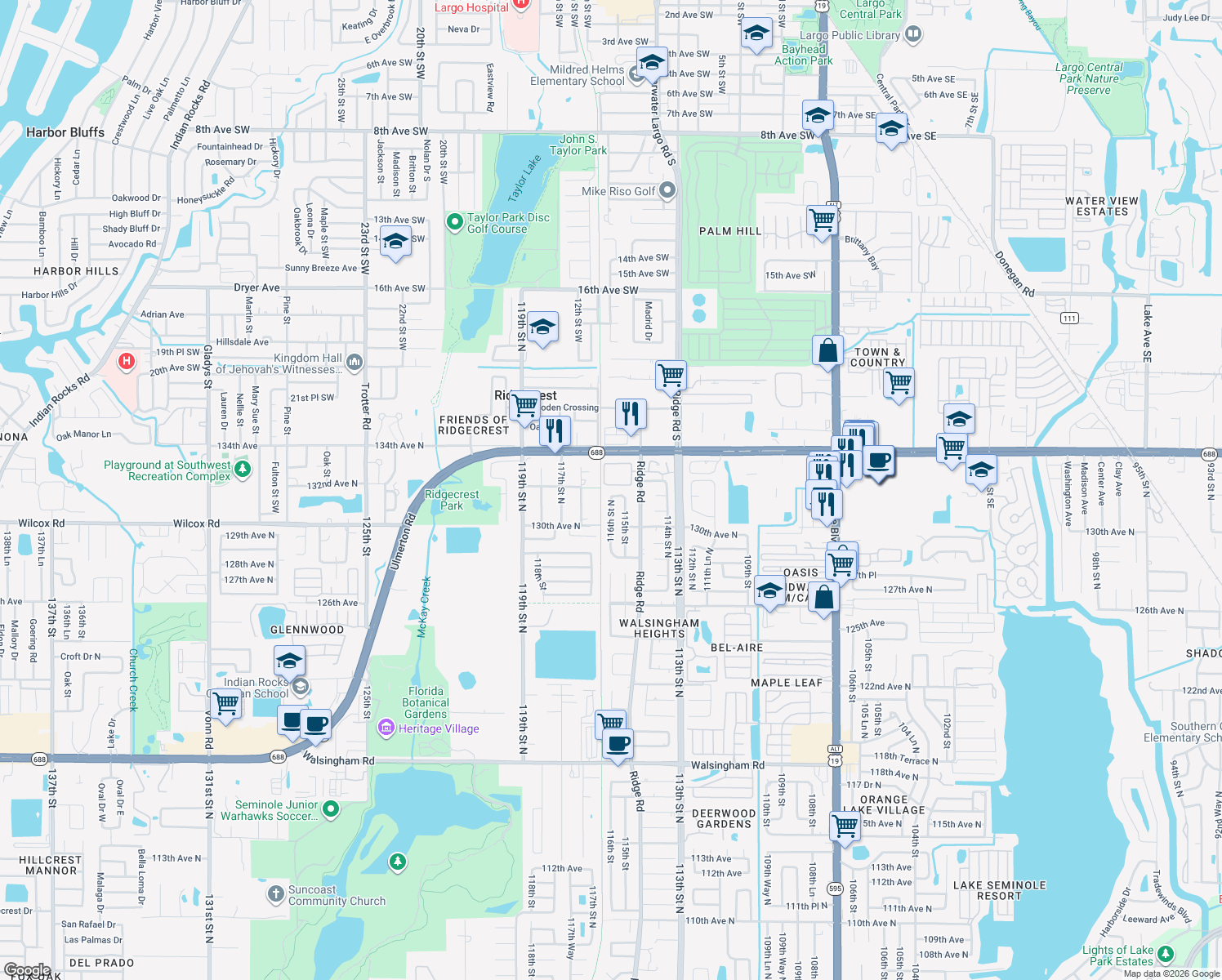 map of restaurants, bars, coffee shops, grocery stores, and more near 11520 132nd Avenue in Largo