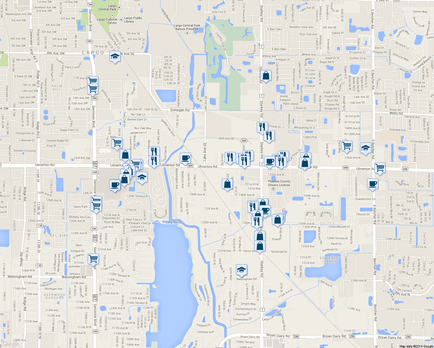 map of restaurants, bars, coffee shops, grocery stores, and more near 9380 Ulmerton Rd in Largo