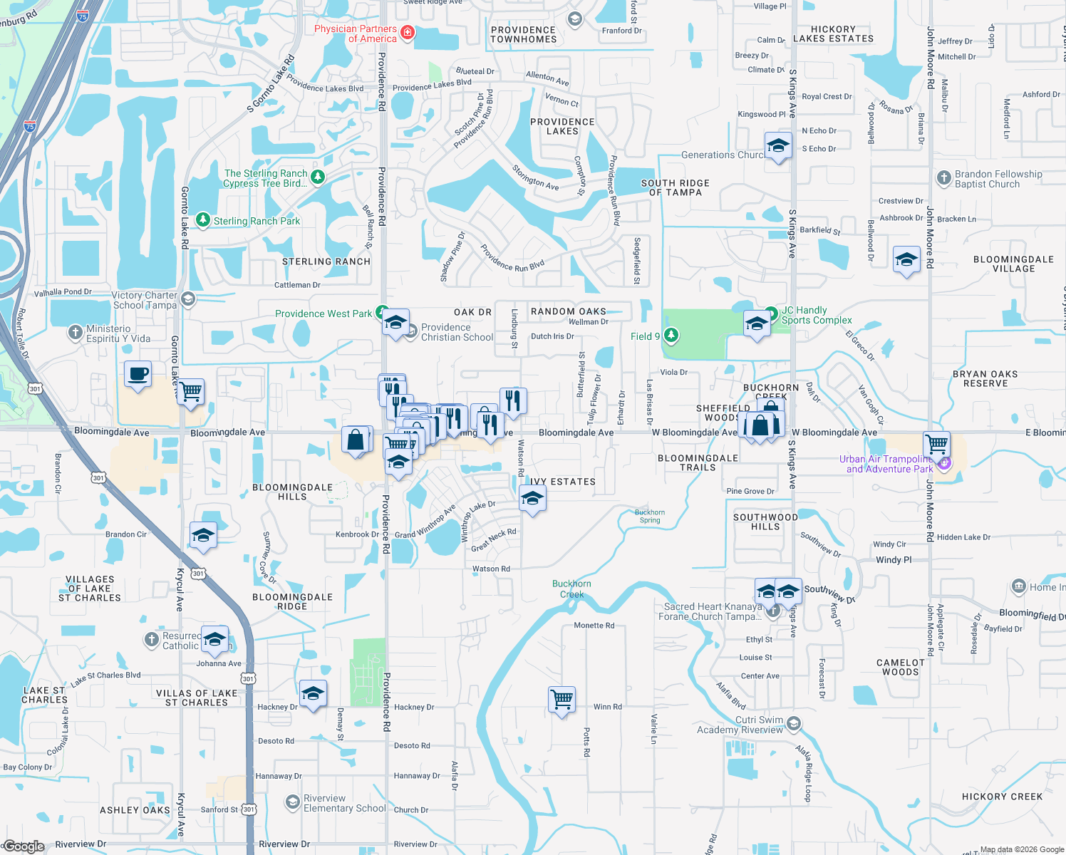map of restaurants, bars, coffee shops, grocery stores, and more near 5918 Watson Road in Riverview