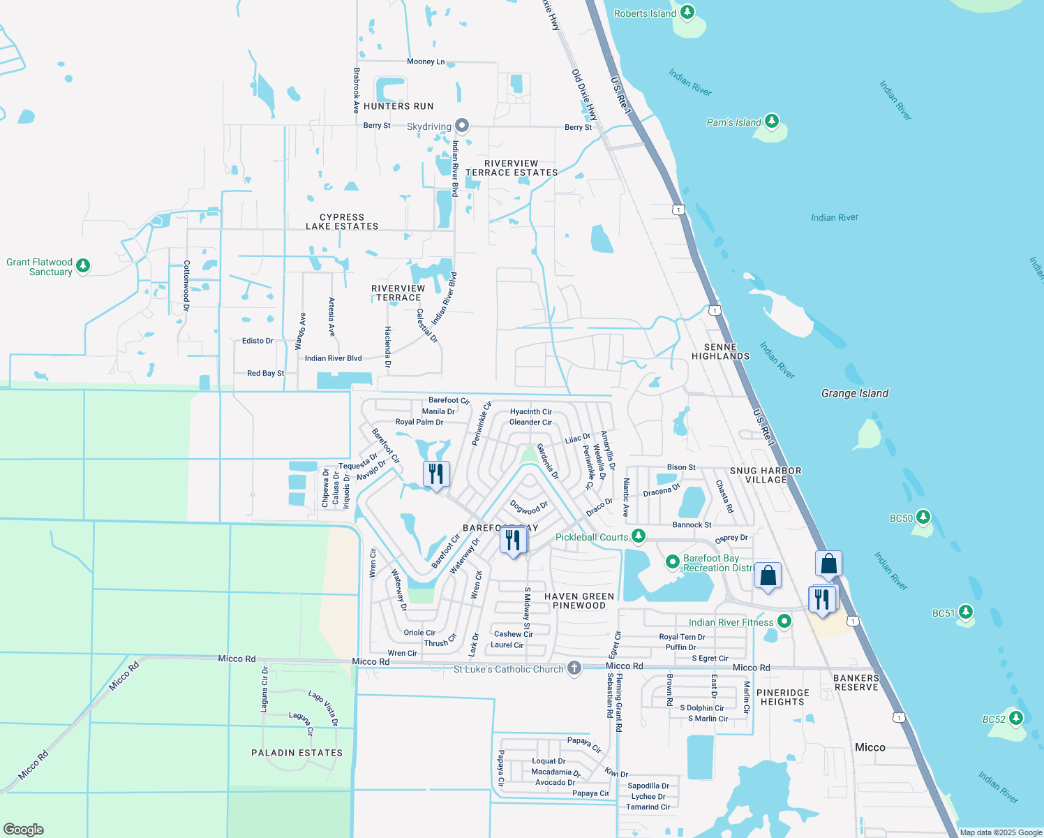 map of restaurants, bars, coffee shops, grocery stores, and more near 804 Oleander Circle in Micco