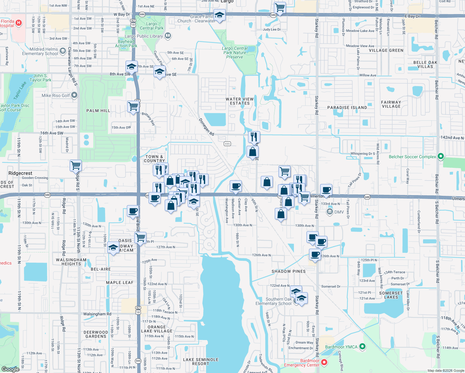 map of restaurants, bars, coffee shops, grocery stores, and more near 9685 Ulmerton Road in Largo
