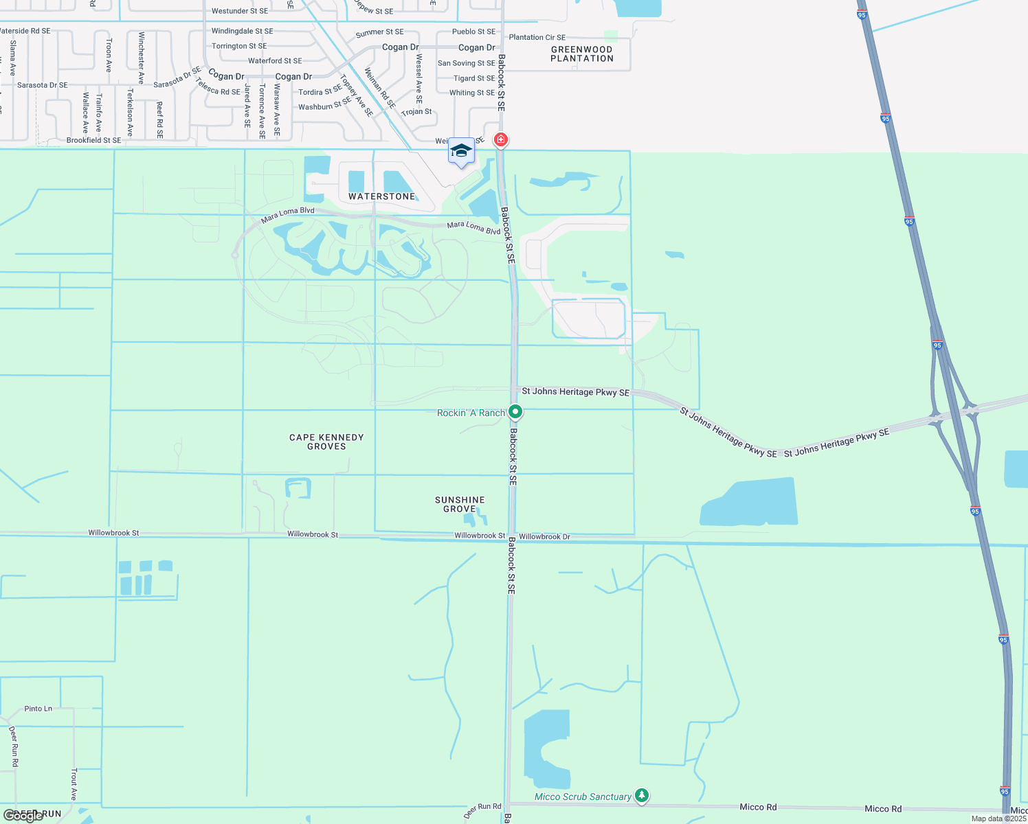 map of restaurants, bars, coffee shops, grocery stores, and more near Davis Lane in Palm Bay