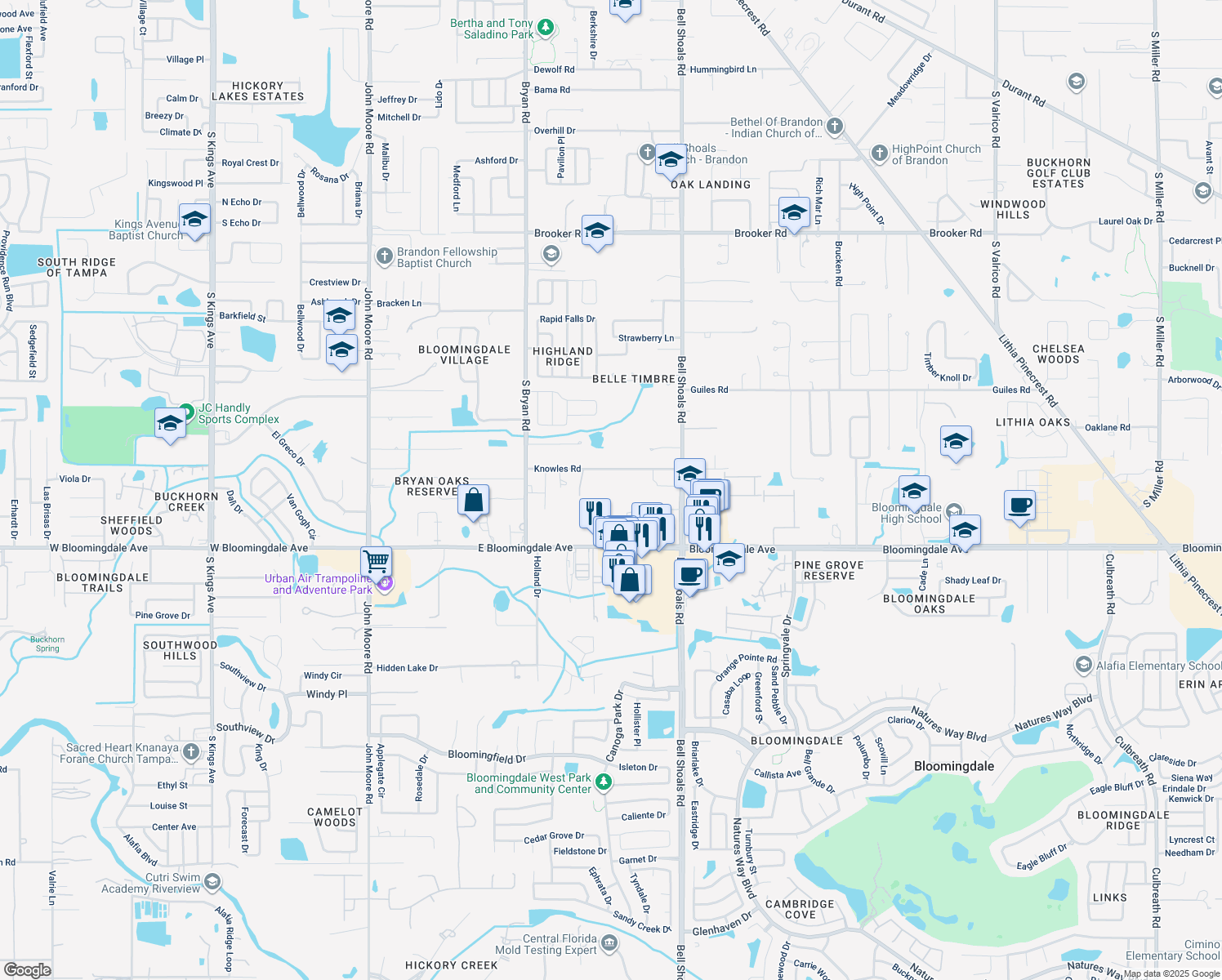 map of restaurants, bars, coffee shops, grocery stores, and more near 801 Knowles Road in Brandon