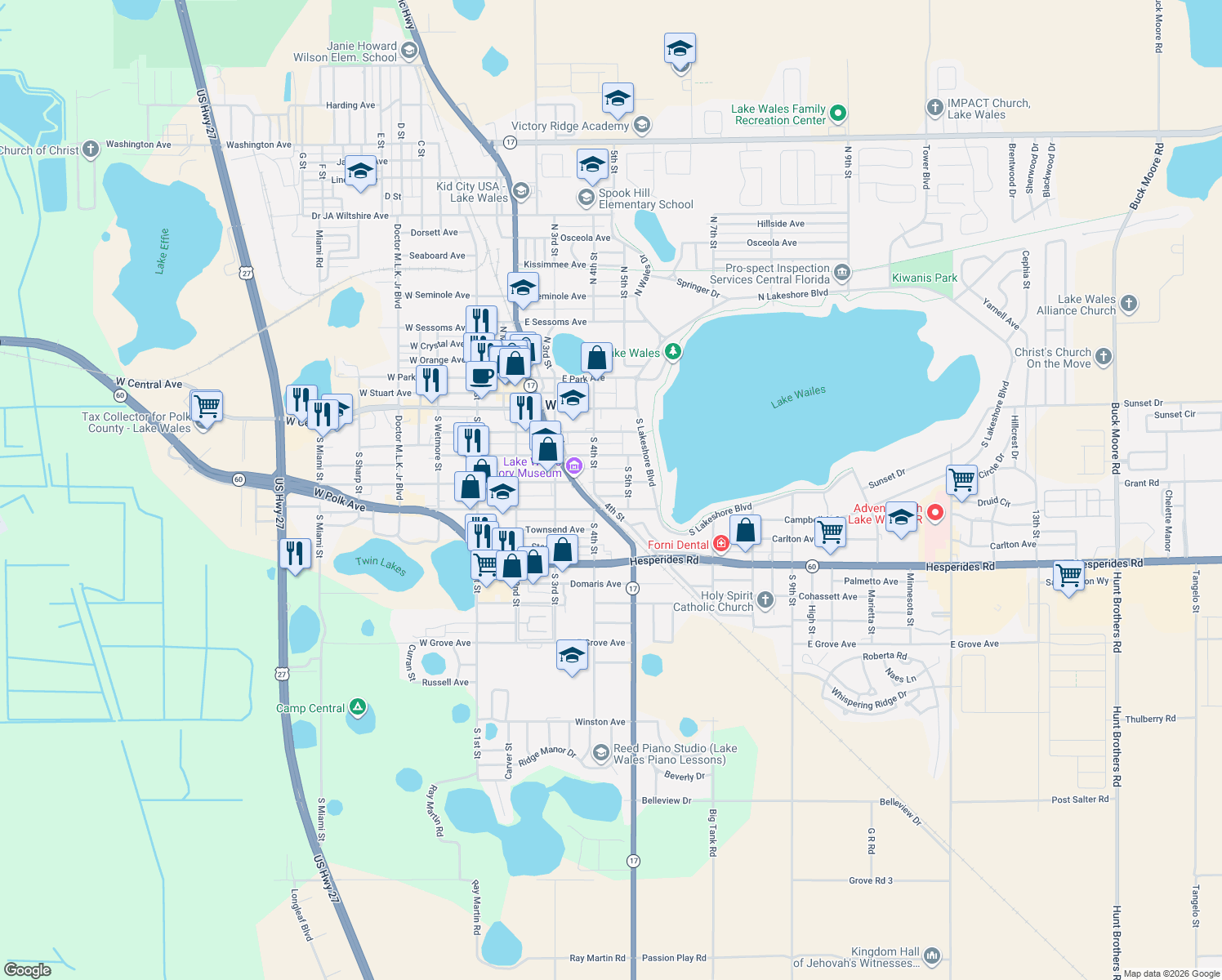 map of restaurants, bars, coffee shops, grocery stores, and more near 415 East Polk Avenue in Lake Wales