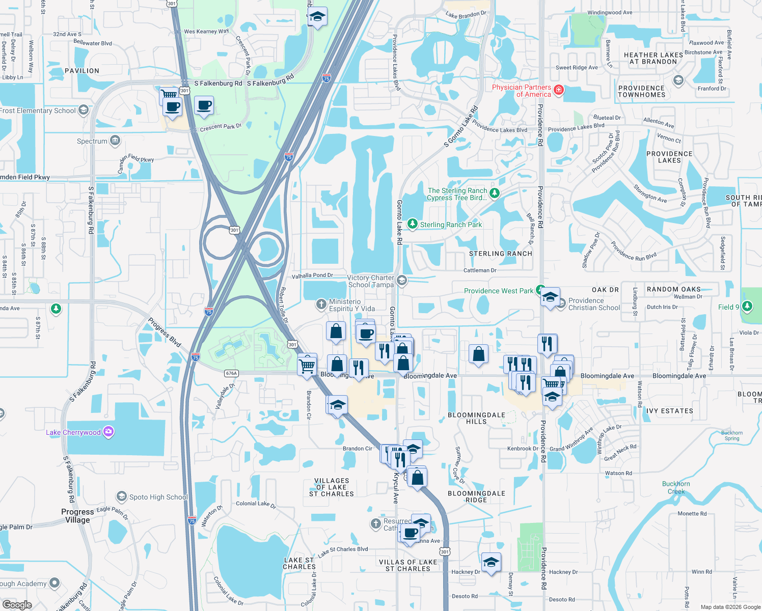map of restaurants, bars, coffee shops, grocery stores, and more near 2105 Kings Palace Drive in Riverview