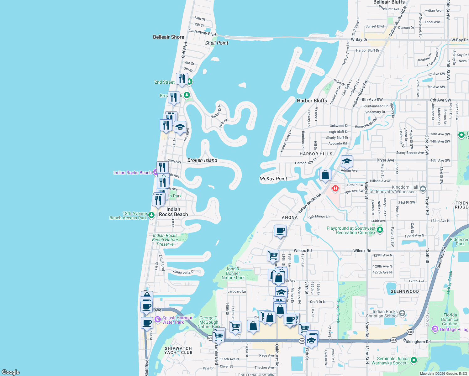 map of restaurants, bars, coffee shops, grocery stores, and more near 540 20th Avenue in Indian Rocks Beach