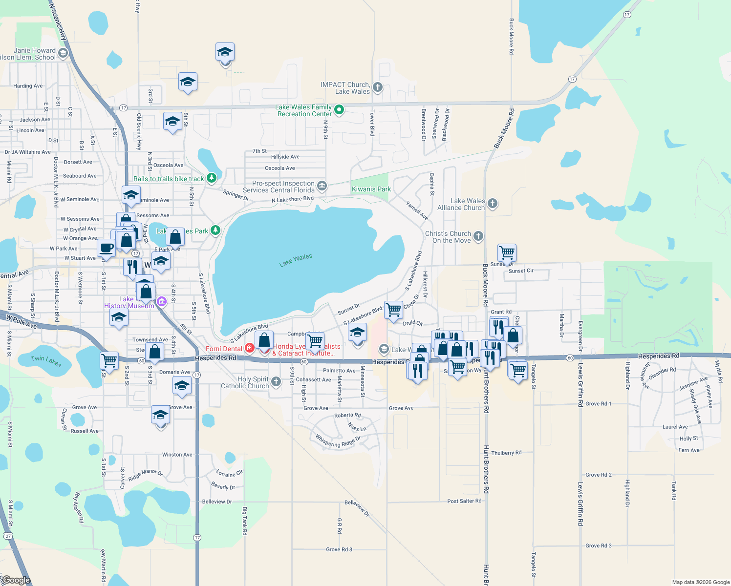 map of restaurants, bars, coffee shops, grocery stores, and more near 1041 Sunset Dr in Lake Wales