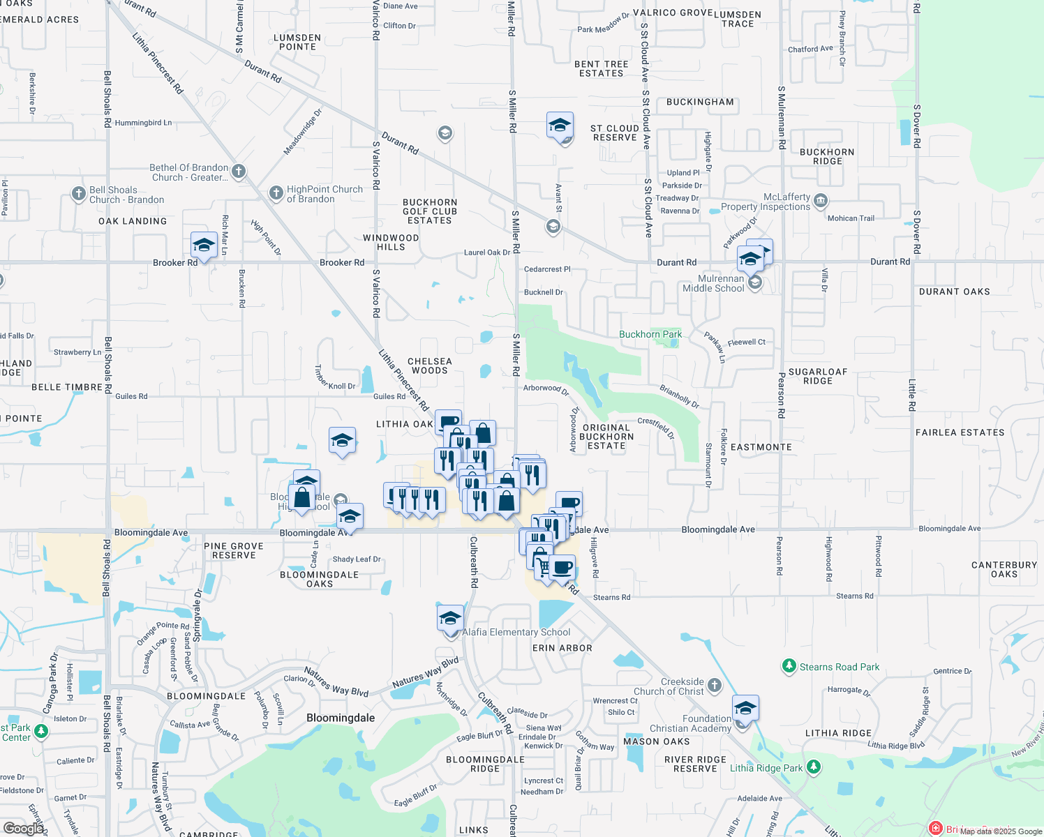 map of restaurants, bars, coffee shops, grocery stores, and more near 3007 South Miller Road in Valrico