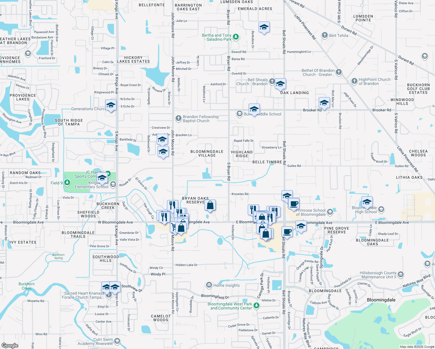 map of restaurants, bars, coffee shops, grocery stores, and more near 3023 Minuteman Lane in Brandon