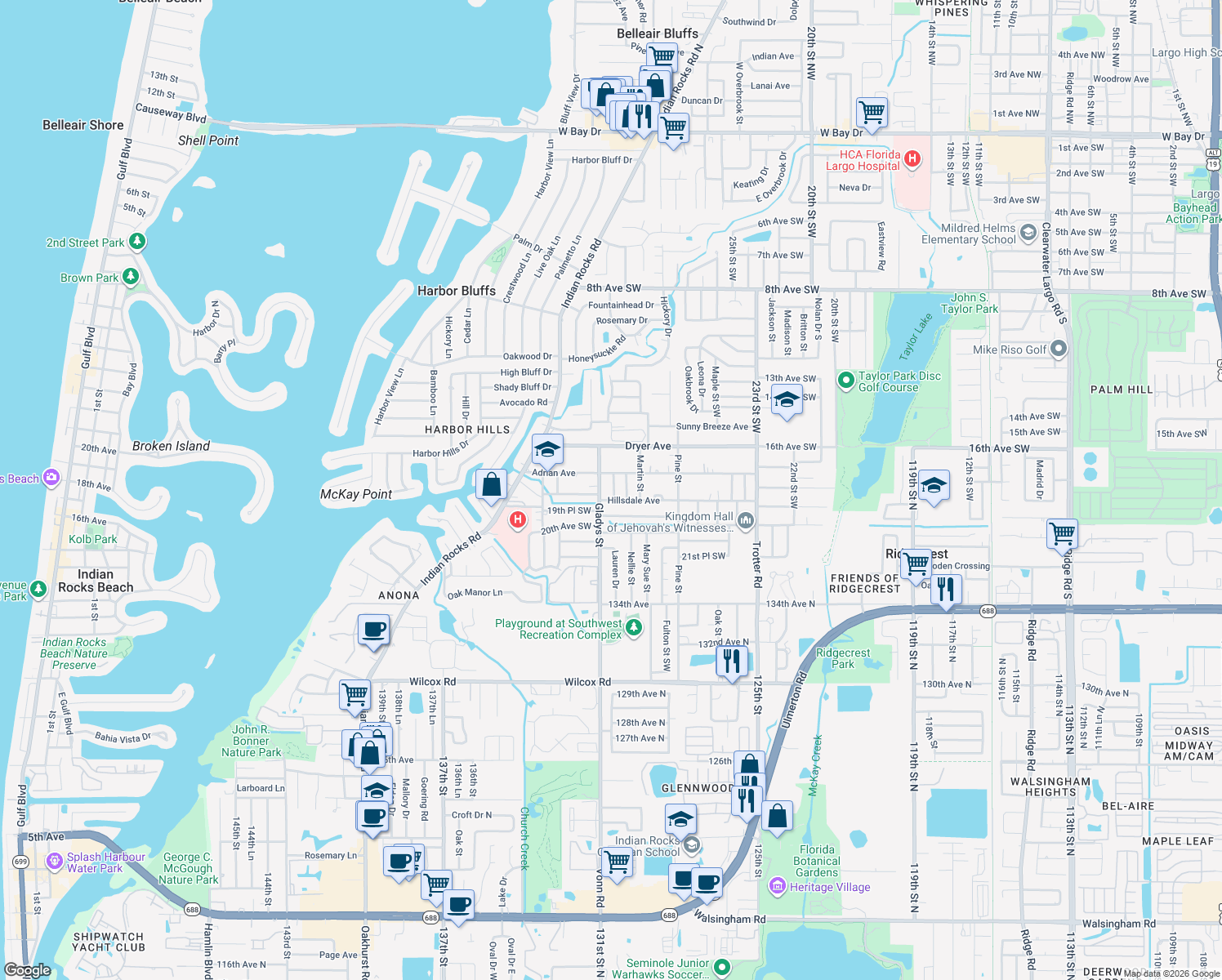 map of restaurants, bars, coffee shops, grocery stores, and more near 1734 Maiden Lane in Largo