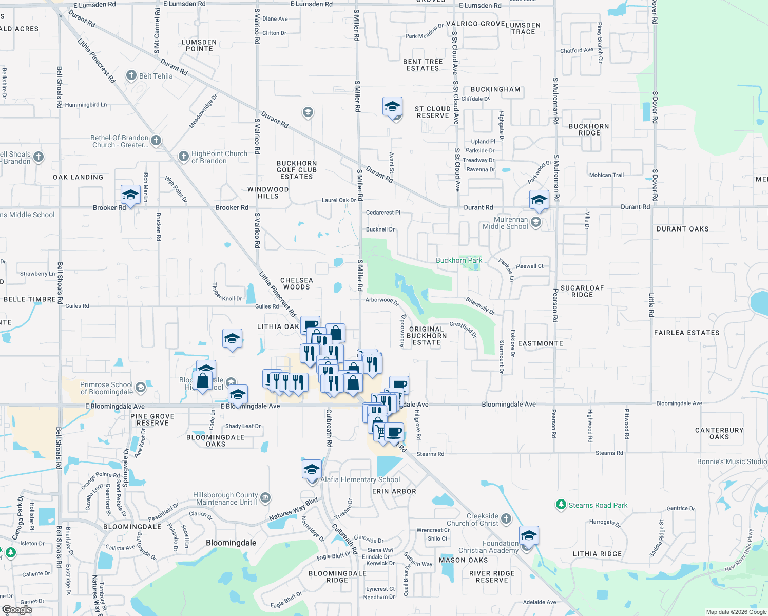map of restaurants, bars, coffee shops, grocery stores, and more near 2414 Buckhorn Run Drive in Valrico