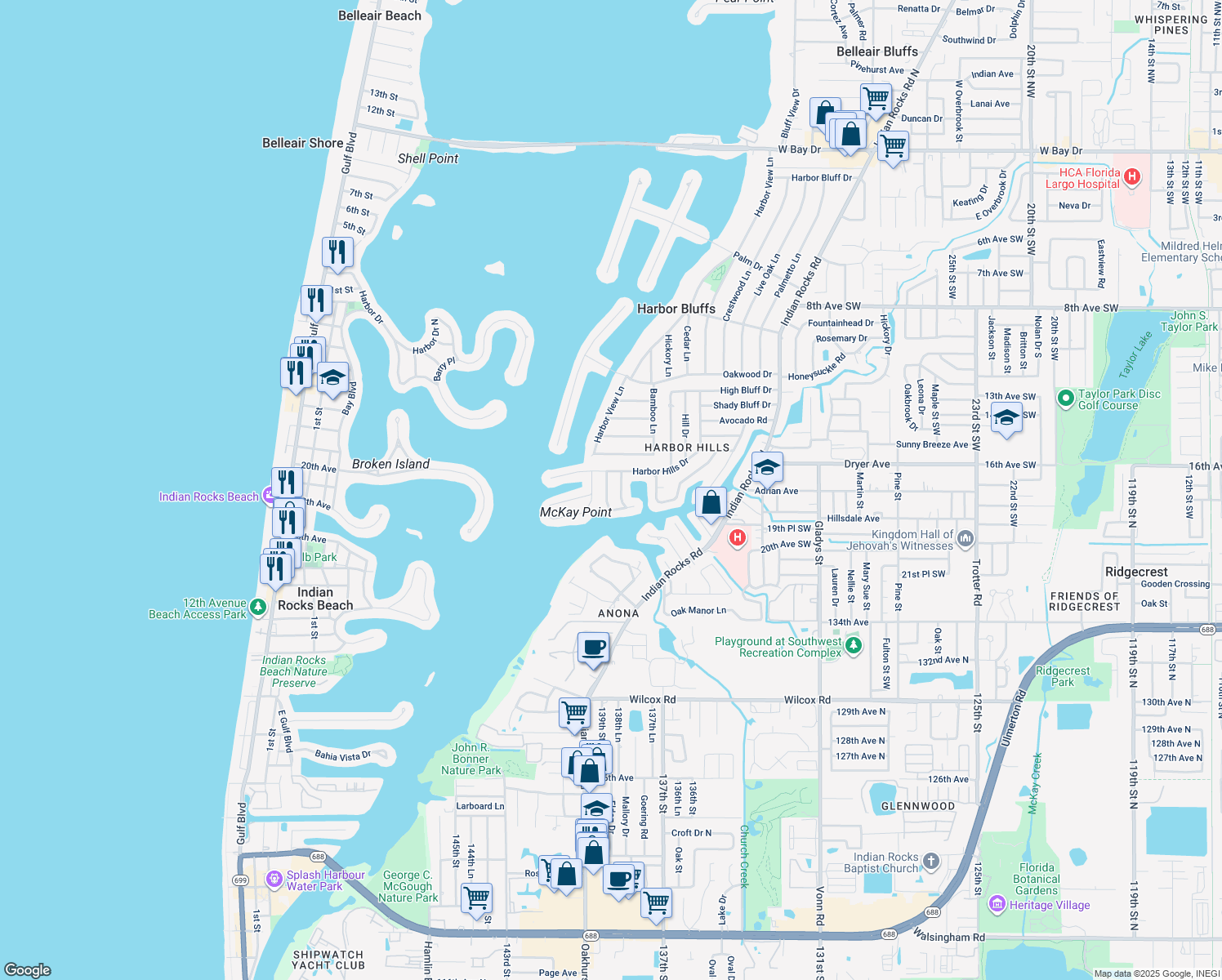 map of restaurants, bars, coffee shops, grocery stores, and more near 1745 Harbor Circle West in Largo