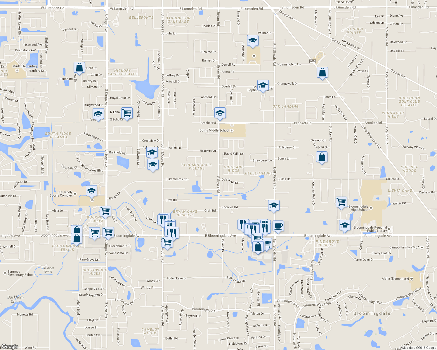 map of restaurants, bars, coffee shops, grocery stores, and more near 2910 South Bryan Road in Brandon