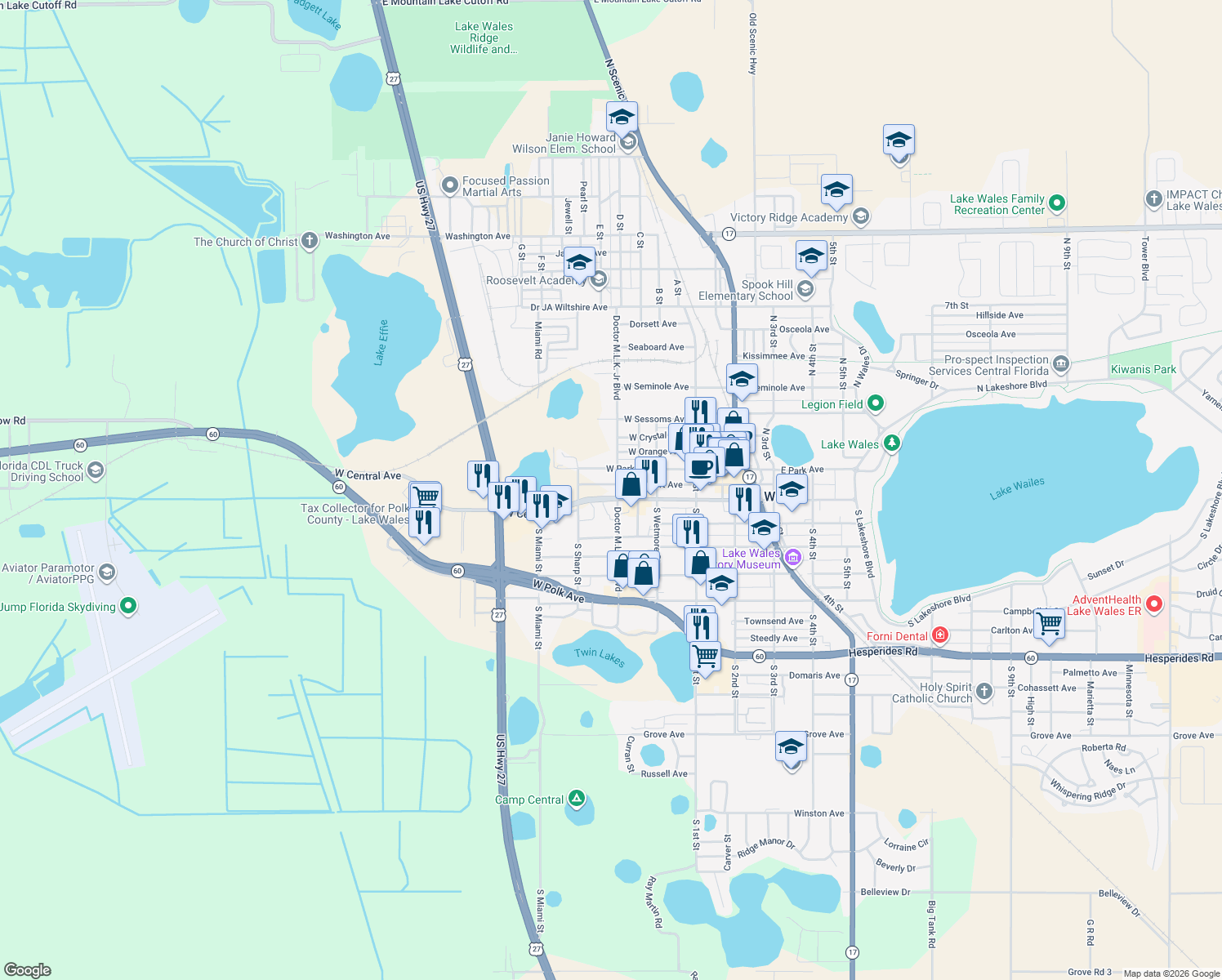 map of restaurants, bars, coffee shops, grocery stores, and more near 200 West Central Avenue in Lake Wales