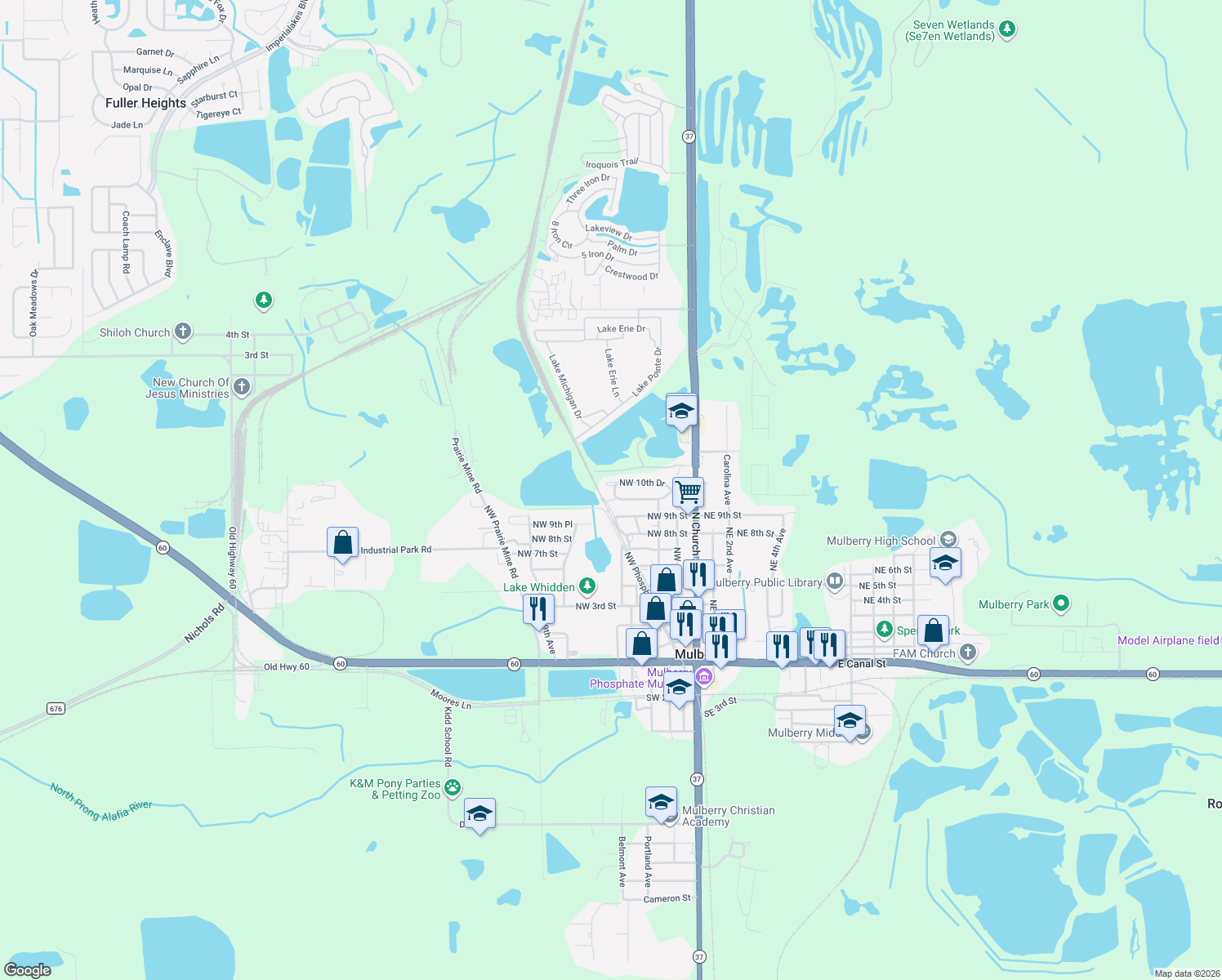 map of restaurants, bars, coffee shops, grocery stores, and more near 153 NW 10th Dr in Mulberry
