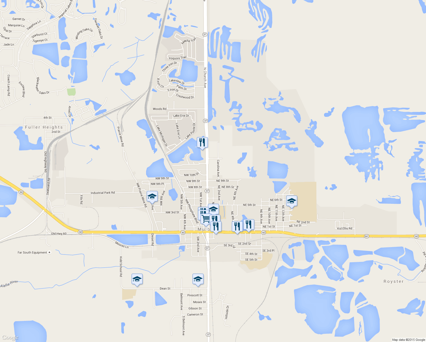 map of restaurants, bars, coffee shops, grocery stores, and more near 1001 North Church Avenue in Mulberry