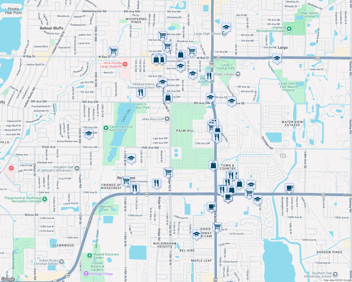 map of restaurants, bars, coffee shops, grocery stores, and more near 106 Thatch Palm Street West in Largo