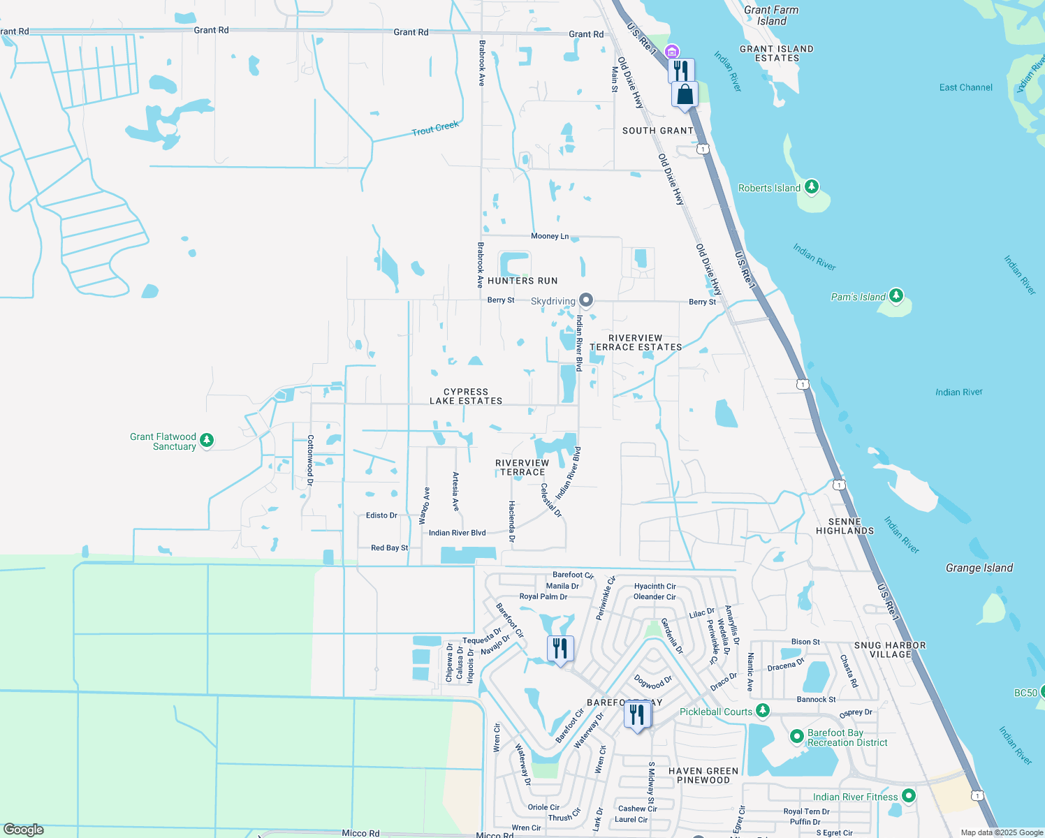 map of restaurants, bars, coffee shops, grocery stores, and more near 2225 Cypress Lake Drive in Grant-Valkaria