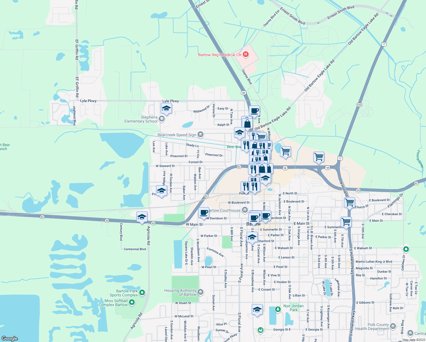 map of restaurants, bars, coffee shops, grocery stores, and more near 605 Dorothy Street in Bartow