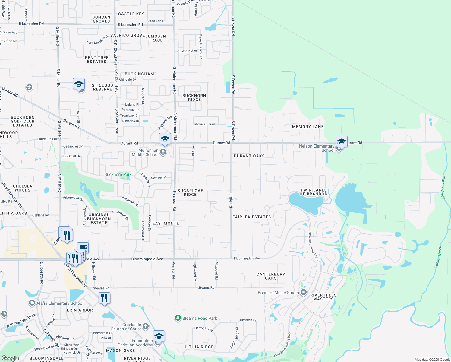 map of restaurants, bars, coffee shops, grocery stores, and more near 2842 Springdell Circle in Valrico
