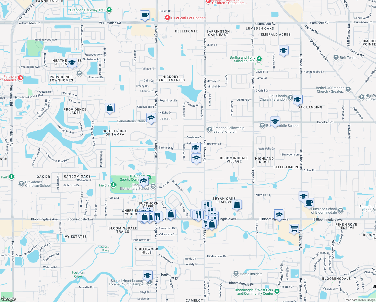 map of restaurants, bars, coffee shops, grocery stores, and more near 2835 Bellwood Drive in Brandon