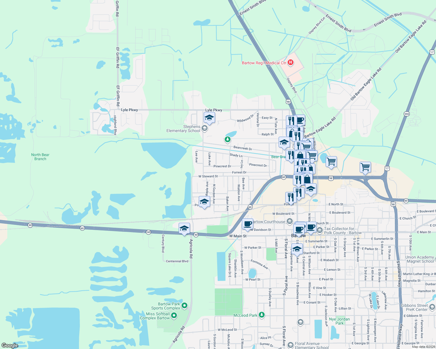 map of restaurants, bars, coffee shops, grocery stores, and more near 975 Forrest Drive in Bartow