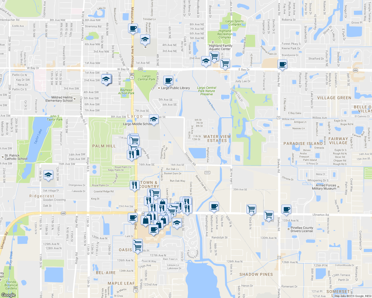 map of restaurants, bars, coffee shops, grocery stores, and more near 1343 Donegan Road in Largo