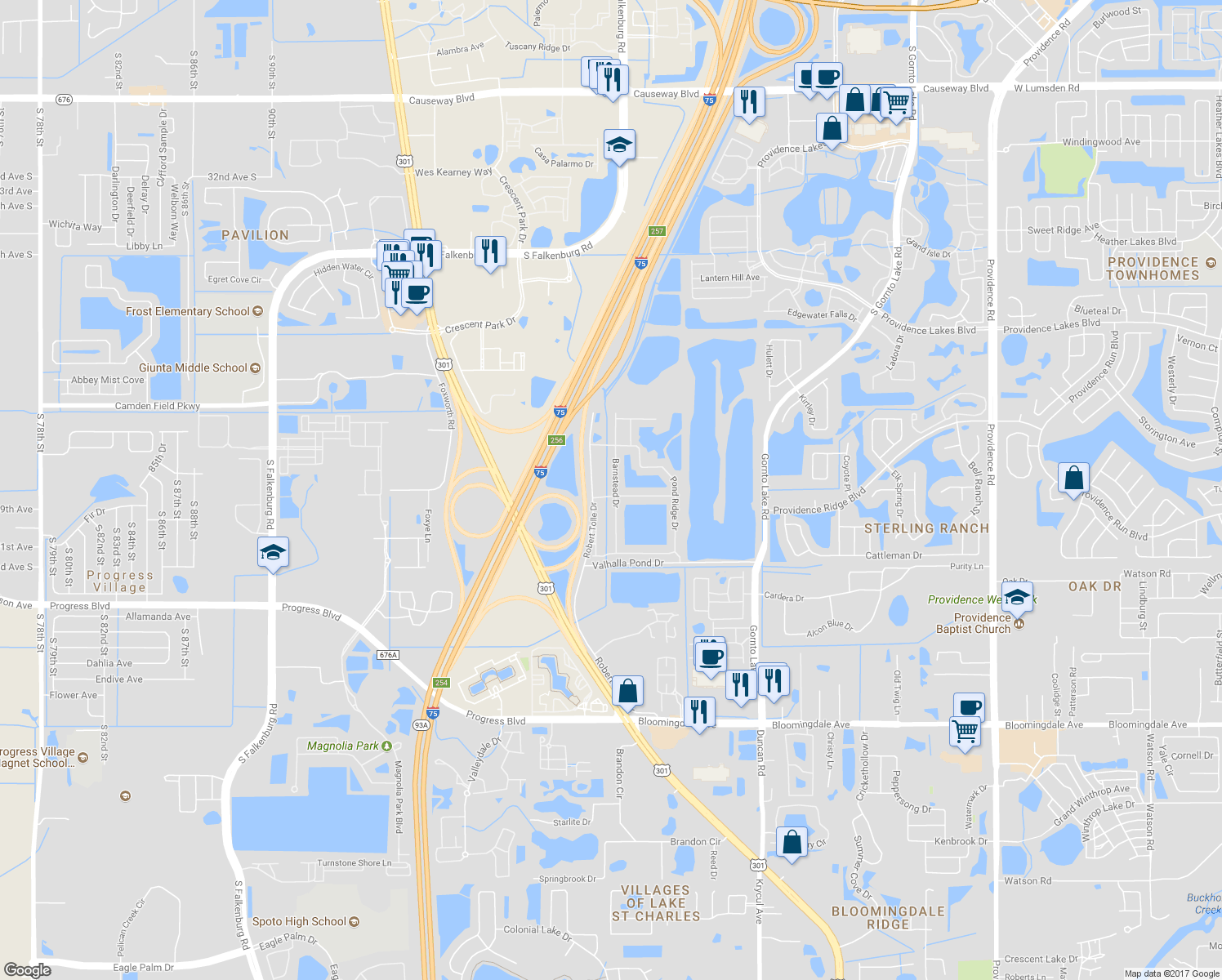 map of restaurants, bars, coffee shops, grocery stores, and more near 4741 Barnstead Drive in Riverview