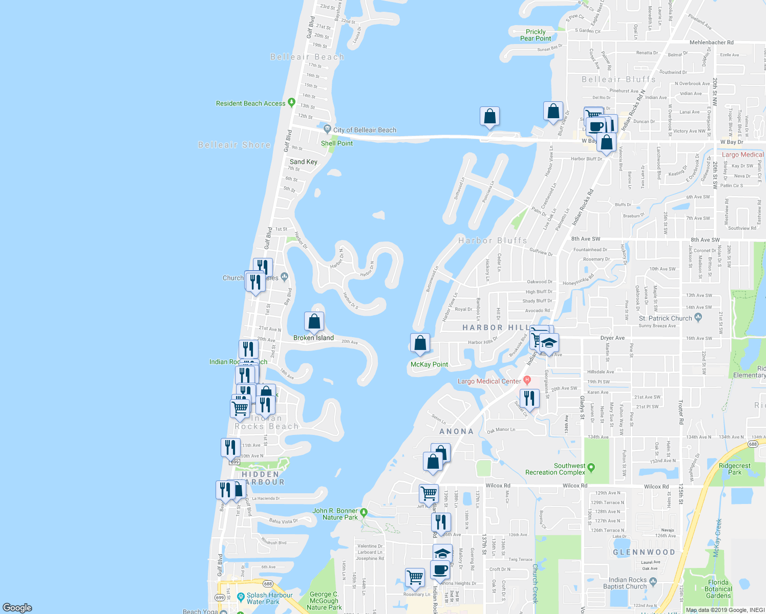 map of restaurants, bars, coffee shops, grocery stores, and more near 493 Harbor Drive South in Indian Rocks Beach
