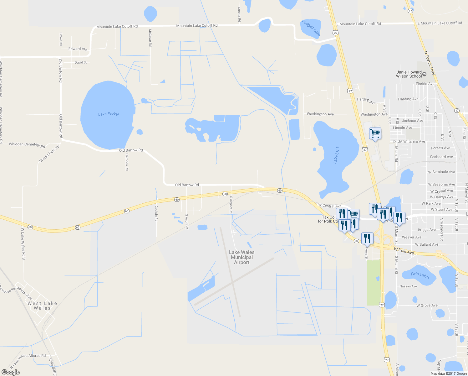 map of restaurants, bars, coffee shops, grocery stores, and more near 1919 Old Bartow Road in Lake Wales
