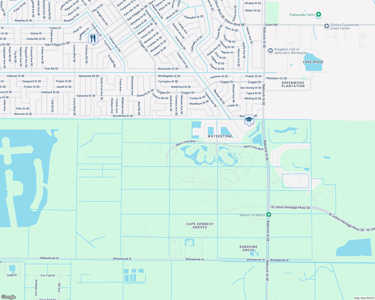 map of restaurants, bars, coffee shops, grocery stores, and more near 3484 Hyperion Way Southeast in Palm Bay
