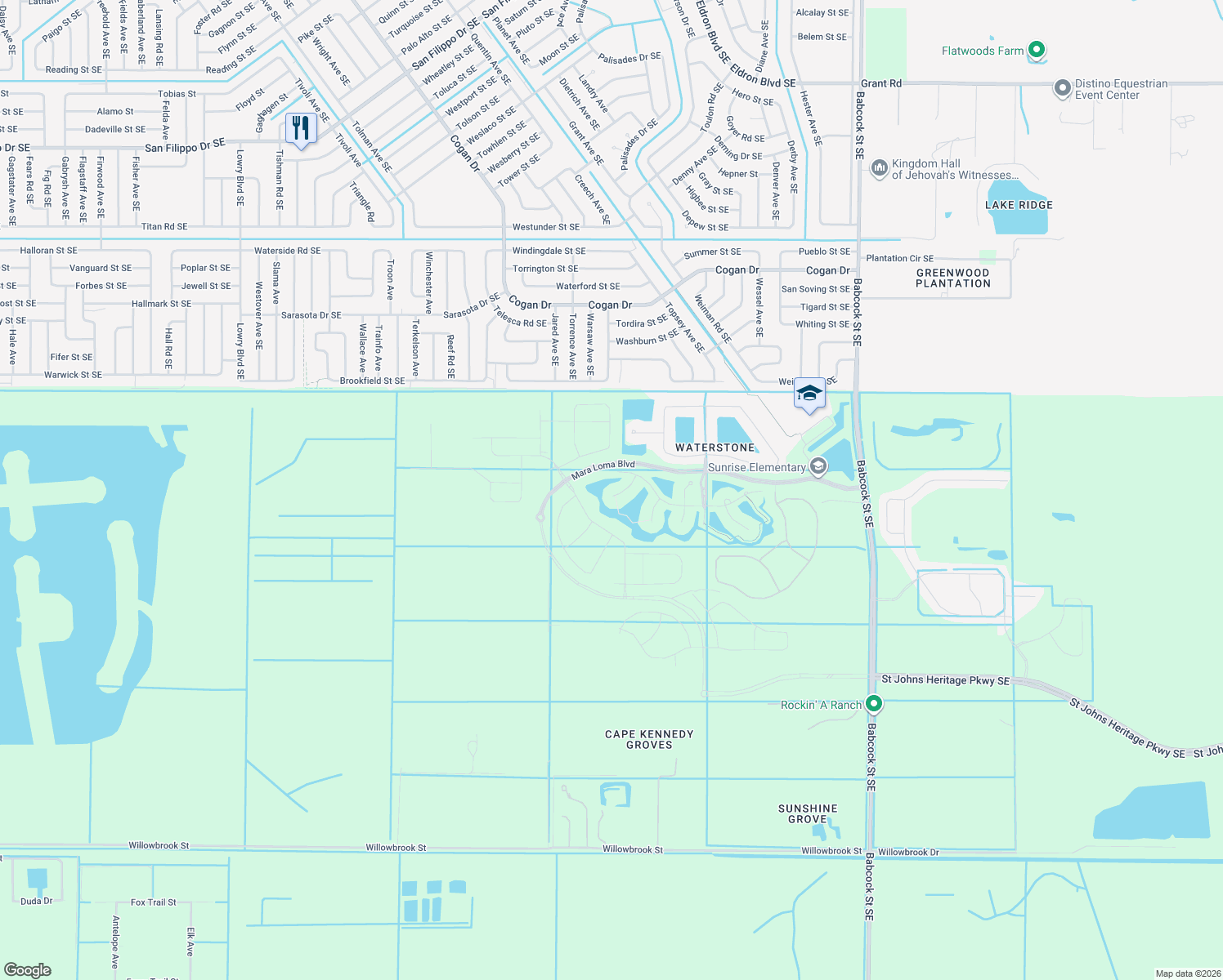 map of restaurants, bars, coffee shops, grocery stores, and more near 3482 Hyperion Way Southeast in Palm Bay