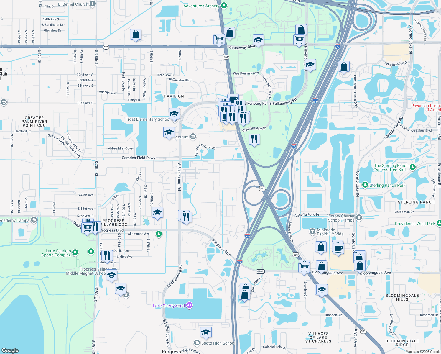map of restaurants, bars, coffee shops, grocery stores, and more near 4632 Chatterton Way in Riverview